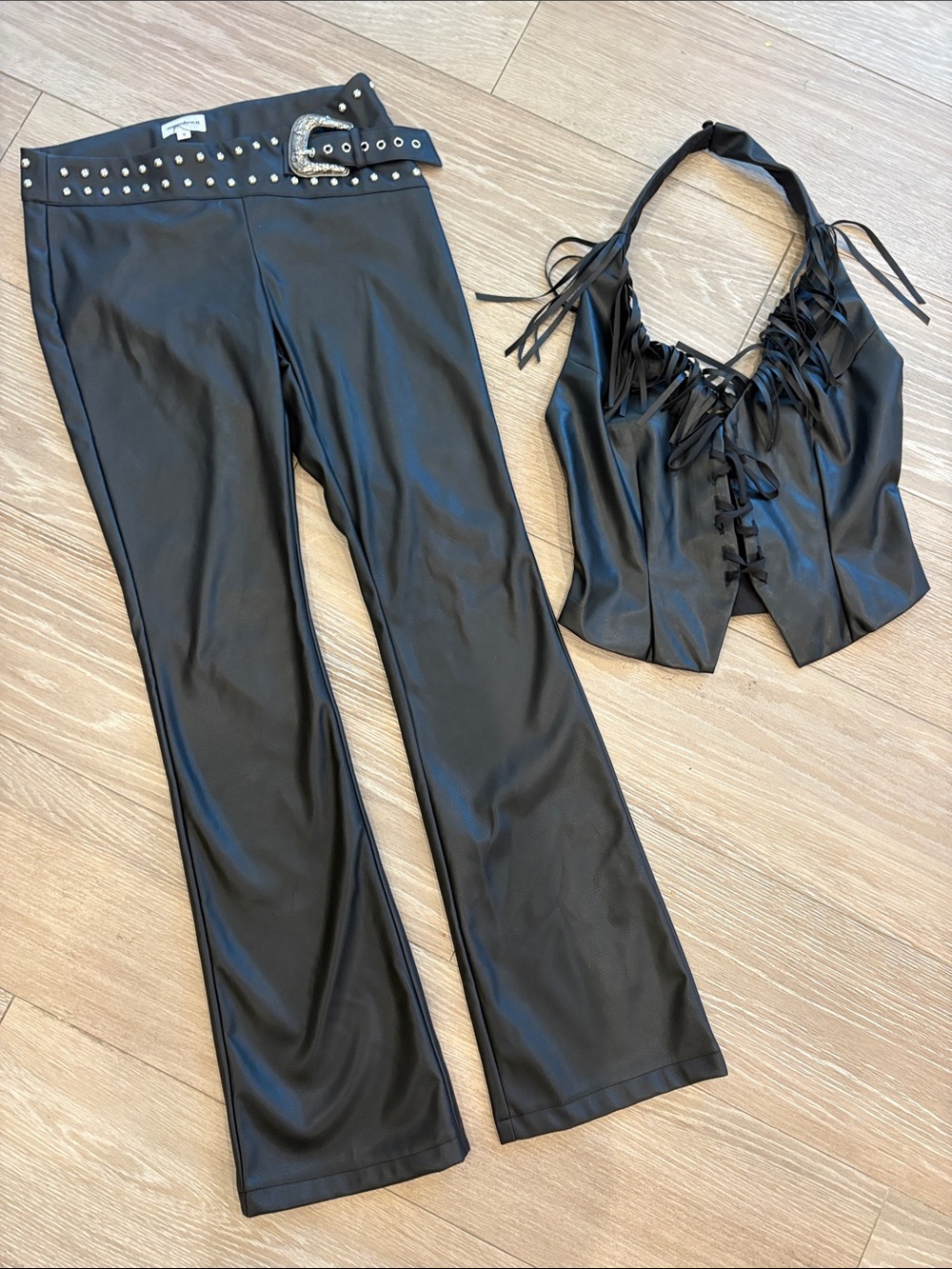 Superdoen Black Faux Leather Lace-Up Halter Top & Pant set